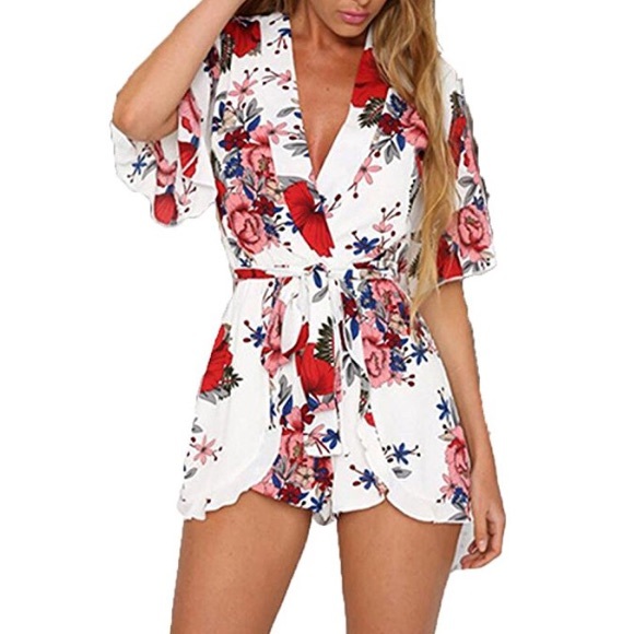 boutique Pants - Floral Belted Jumpsuit Romper